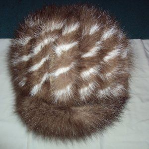 Fur Hat, Grey, White and Brown, Crotchet Knit Interior Cap